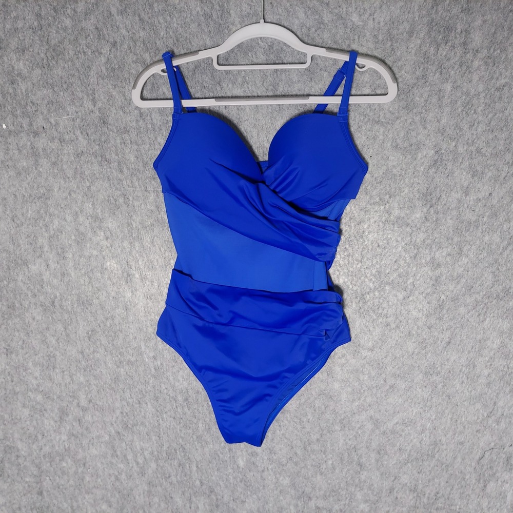 Chamela One Piece Swimsuit XL Blue Mesh Ruched Tummy Control Wrap Pump Up Wired